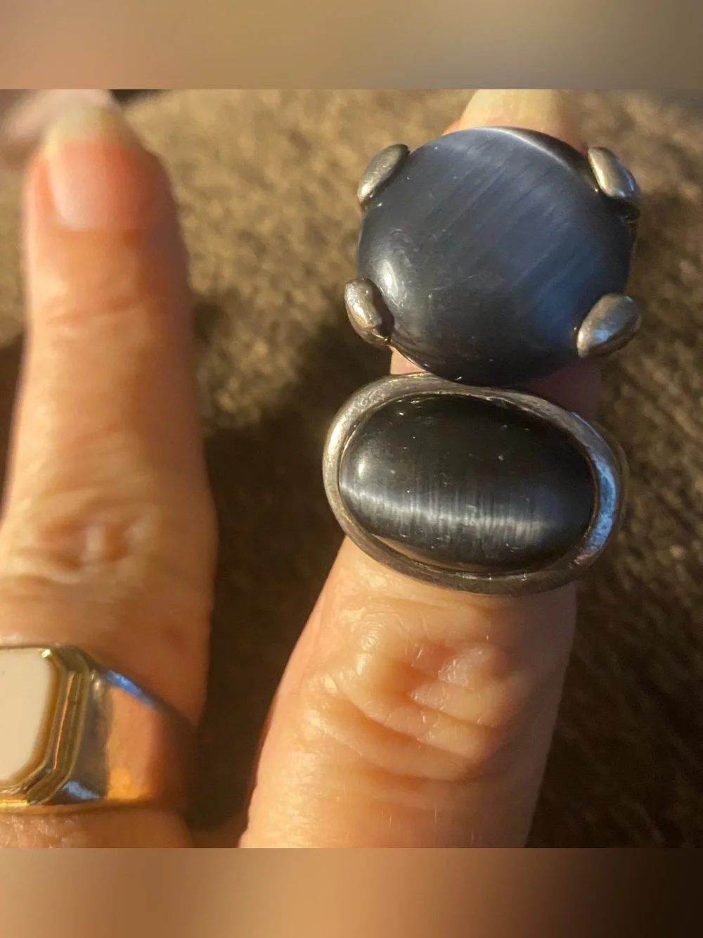 Vintage Cat's Eye Statement Ring Lot (2) Grey Blue & Black Moon Glow Size 6 Boho